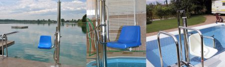 Bazénový zdvihák do vody pre vozičkárov pri móle na jazere, vo vnútornom a vonkajšom bazéne